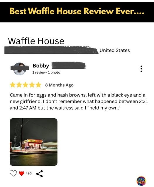 Click image for larger version

Name:	waffle house.jpg
Views:	1
Size:	50.8 KB
ID:	66140